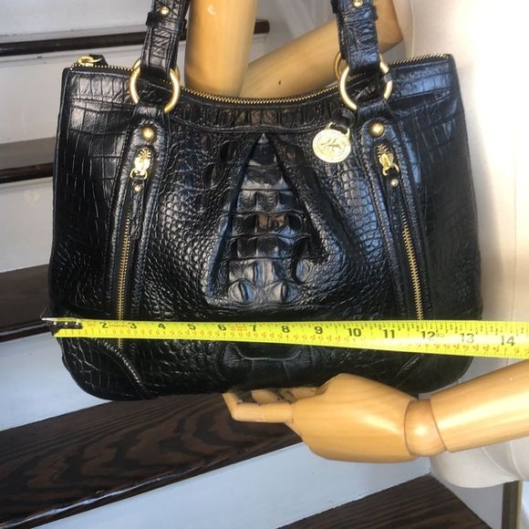 BRAHMIN Black Selma Croc Embossed Leather Pleated Shoulder Tote Bag Top Zipper - Picture 12 of 17